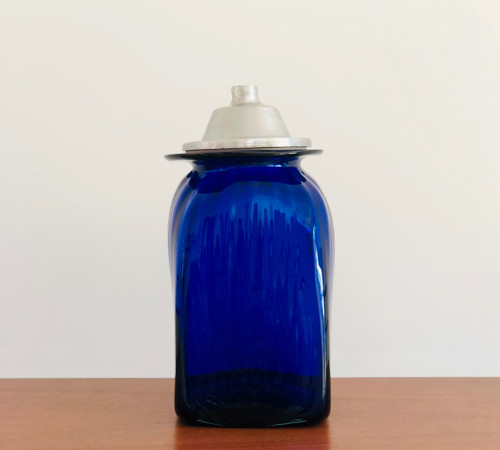 3 apothecary jars in cobalt blue blown glass and aluminum lids, Italy