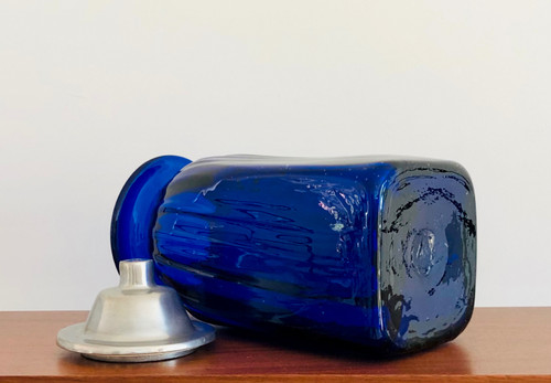 3 apothecary jars in cobalt blue blown glass and aluminum lids, Italy