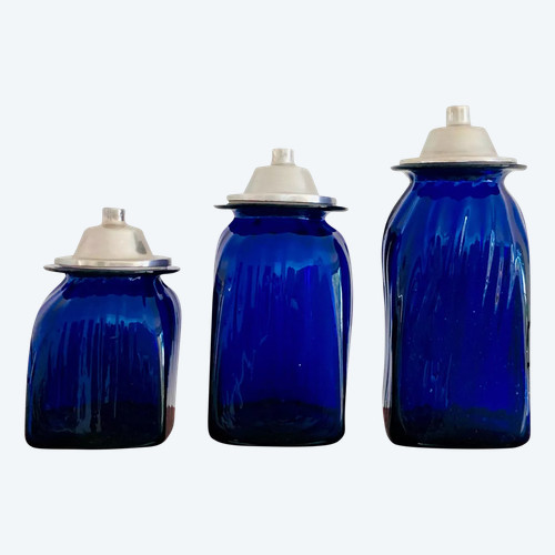 3 apothecary jars in cobalt blue blown glass and aluminum lids, Italy