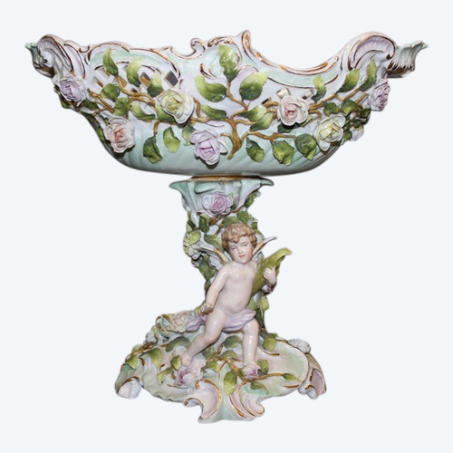 Coupe En Porcelaine à Décor d'Angelot Et De Fleurs Vers 1900