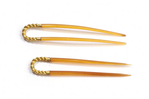 Antique gold wedding hairpins in 18 karats gold and organic material, head jewelry, wedding hairpins