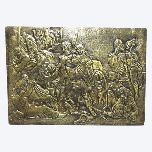 BRONZE PLAQUE REPRESENTING AN EROTIC SCENE, SOLDIERS OF THE GRAND ARMY, 19th CENTURY.