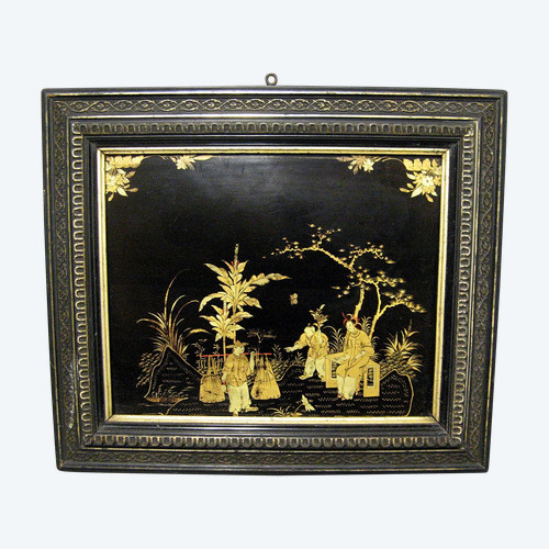 Framed Chinese lacquer and gold panel, Napoleon III period.