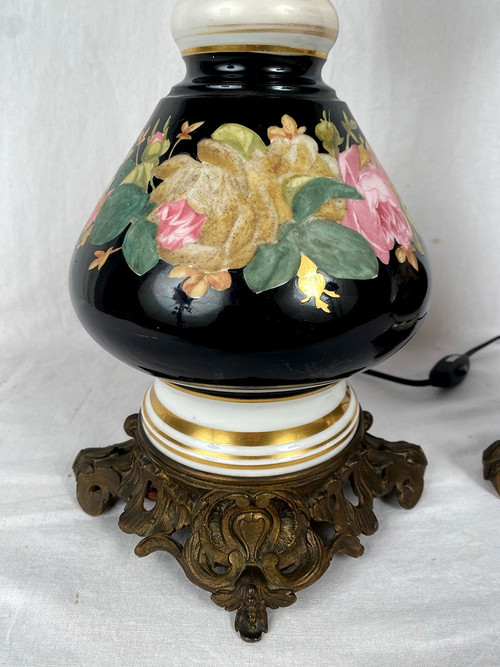 Pair of electrically mounted kerosene lamps, porcelain decorated with roses