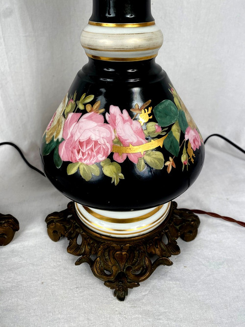 Pair of electrically mounted kerosene lamps, porcelain decorated with roses