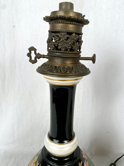 Pair of electrically mounted kerosene lamps, porcelain decorated with roses