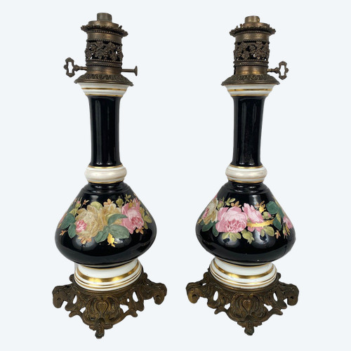 Pair of electrically mounted kerosene lamps, porcelain decorated with roses