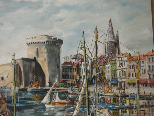 Hafen von La Rochelle, signiert von G.J. Miane, Öl auf Tafel, 20. Jahrhundert