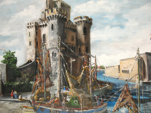 Hafen von La Rochelle, signiert von G.J. Miane, Öl auf Tafel, 20. Jahrhundert