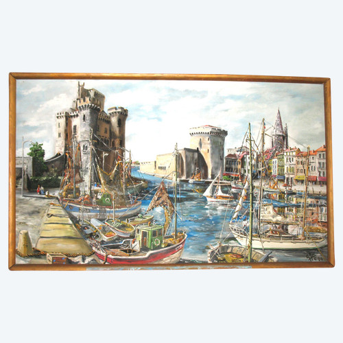 Hafen von La Rochelle, signiert von G.J. Miane, Öl auf Tafel, 20. Jahrhundert