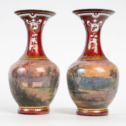 A pair of enamel vases, late 19th century