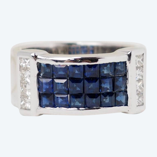 Band ring in white gold, sapphires and diamonds