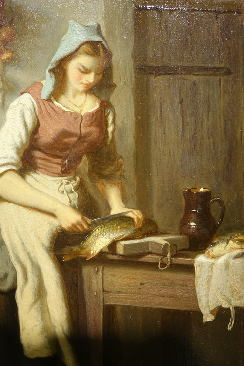 Il giovane pastore e il cuoco che squamano un pesce" Antoine Richard, 1822-1891