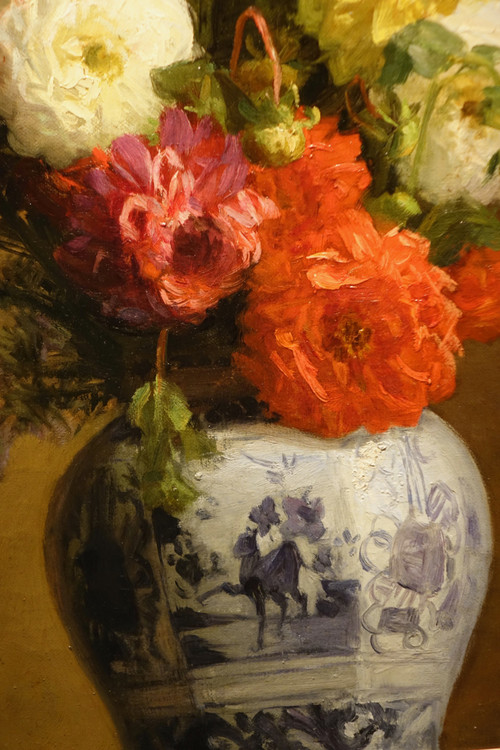 Bouquet De Dahlias Dans Un Vase Japonais, A.melot, 1883