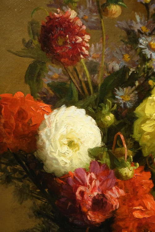 Bouquet De Dahlias Dans Un Vase Japonais, A.melot, 1883