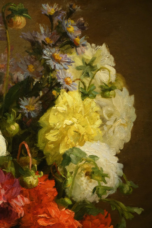 Bouquet De Dahlias Dans Un Vase Japonais, A.melot, 1883