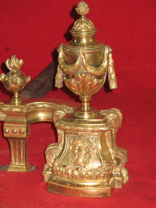 Pair of Louis XVI bronze landier andirons from the early 19th century of rare quality