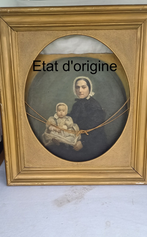 Ritratto di madre e figlio olio su tela XIX secolo