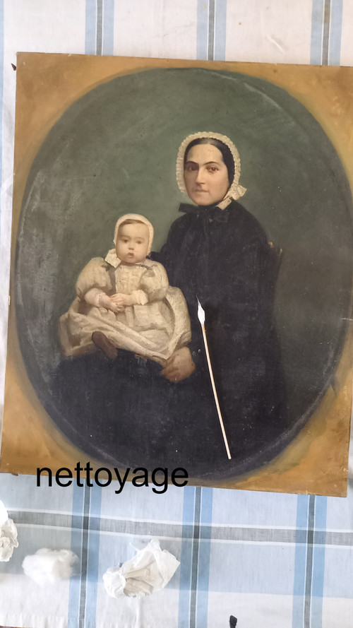 Ritratto di madre e figlio olio su tela XIX secolo