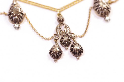 French regional diamond drapery necklace in 18k gold and silver, Antique arlesian necklace