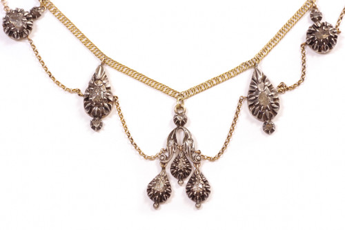 French regional diamond drapery necklace in 18k gold and silver, Antique arlesian necklace