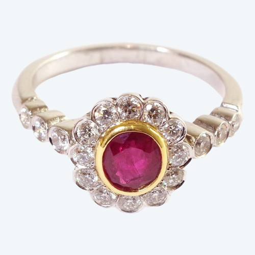 Bridal cluster ruby diamond ring in white gold 18k, wedding ring, pre-owned ring, vintage ruby ring 