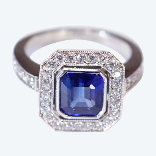 Art Deco style sapphire ring in 18k white gold, pre-owned sapphire ring, natural sapphire