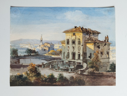 Siege Of Rome 1849 Villa Ruined By Bombs, Watercolor