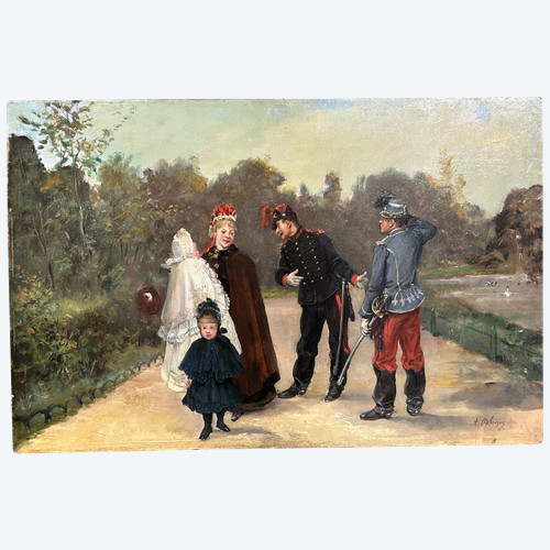 Albert Bligny (1849-1908) La Conversation Avec élégante Et Ses Enfants - Mahogany Panel