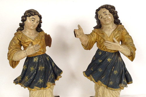 Pair of statues orants angels carved wood polychrome altarpiece 18th century