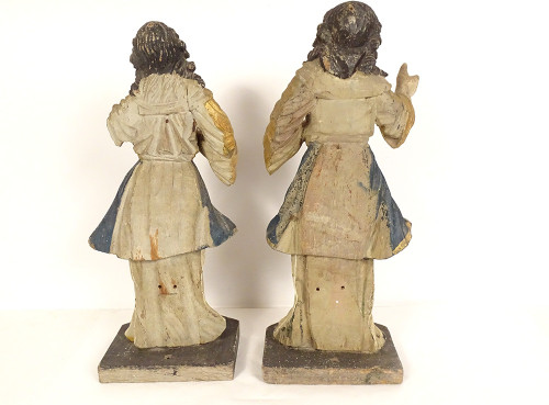 Pair of statues orants angels carved wood polychrome altarpiece 18th century