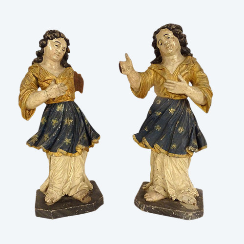 Pair of statues orants angels carved wood polychrome altarpiece 18th century