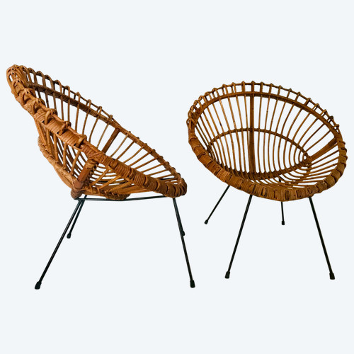 Pair of rattan shell armchairs attributed to Franco Albini , Italy 60s