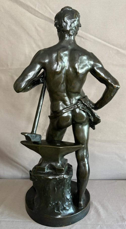 Statua in bronzo di un giovane fabbro, Georges Bareau (1866-1931) fonderia "F. BARBEDIENNE" Parigi