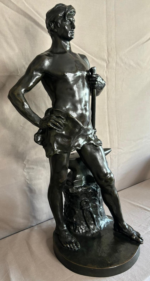 Statua in bronzo di un giovane fabbro, Georges Bareau (1866-1931) fonderia "F. BARBEDIENNE" Parigi