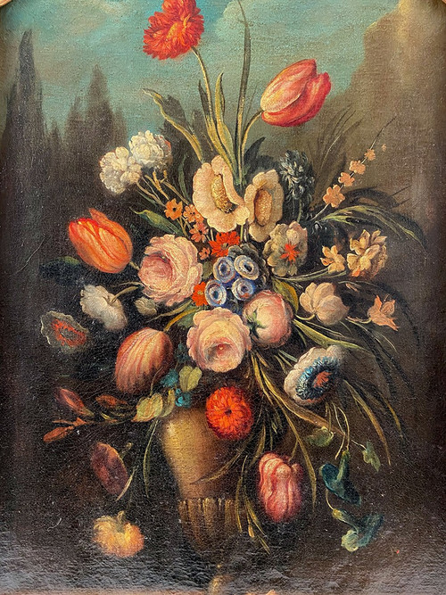 Still life with a bouquet of flowers. 20th century Italian school in the taste of the 17th century, oil on canvas.