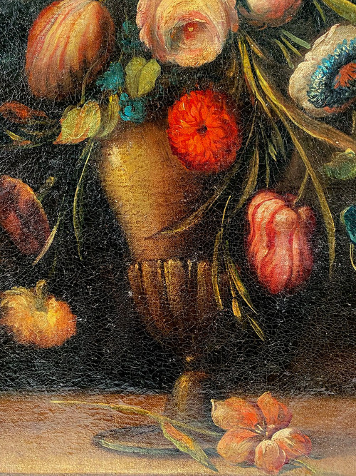 Still life with a bouquet of flowers. 20th century Italian school in the taste of the 17th century, oil on canvas.