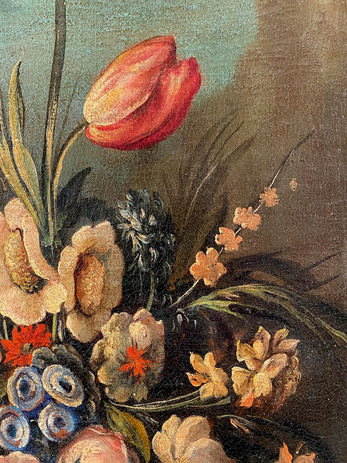 Still life with a bouquet of flowers. 20th century Italian school in the taste of the 17th century, oil on canvas.