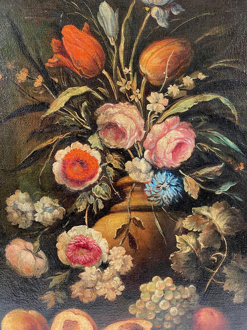 Stillleben mit Blumen und Früchten, italienische Schule des 20. Jahrhunderts im Geiste des 17.