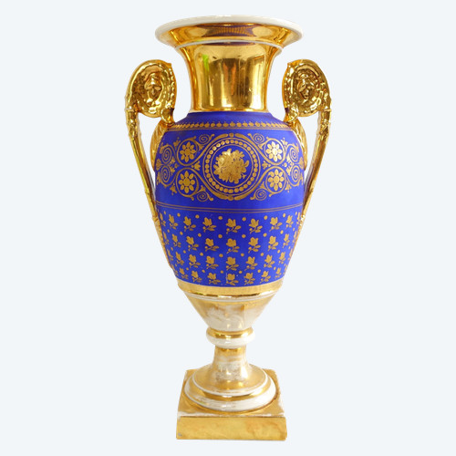 Grande vaso antico in porcellana parigina blu e oro, periodo della Restaurazione Impero