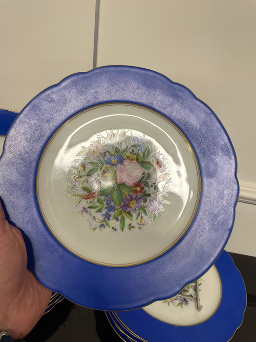 Suite De 12 Assiettes En Porcelaine Décor Fleurs Peint A La Main Charles Pillivuyt