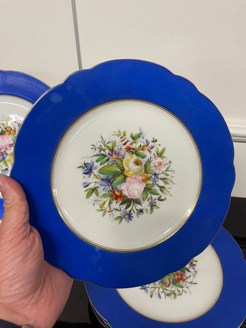 Suite De 12 Assiettes En Porcelaine Décor Fleurs Peint A La Main Charles Pillivuyt