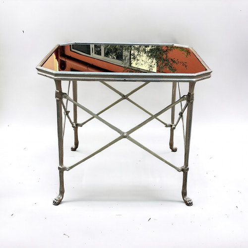  Neoclassical Silvered Bronze And Black Opaline Sofa End Table Circa 1970