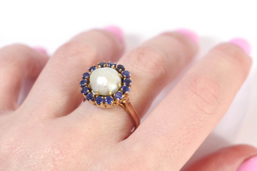 Sapphire pearl cocktail ring in 18k gold, cocktail ring, Retro gold ring, big pearl ring, big ring