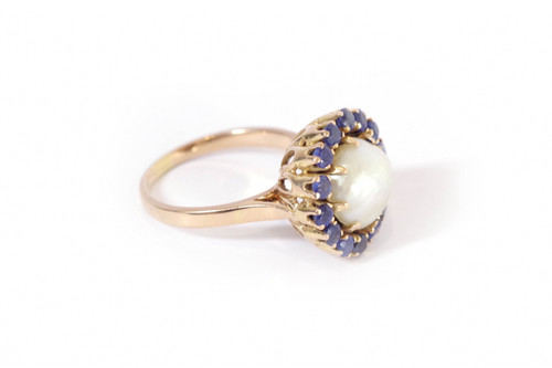 Sapphire pearl cocktail ring in 18k gold, cocktail ring, Retro gold ring, big pearl ring, big ring