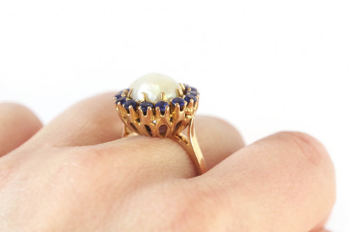 Sapphire pearl cocktail ring in 18k gold, cocktail ring, Retro gold ring, big pearl ring, big ring