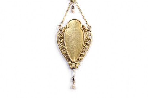 French Art Nouveau iris water lilies necklace in 18k gold, Art Nouveau diamond and pearl necklace