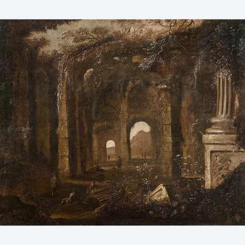 Abraham Van Cuylenborch - Lively scene in a ruined ancient temple