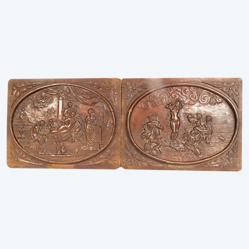 Coppia di Pannelli in Legno Intagliato Toilette Nascita Venere De Vinci Servet XX