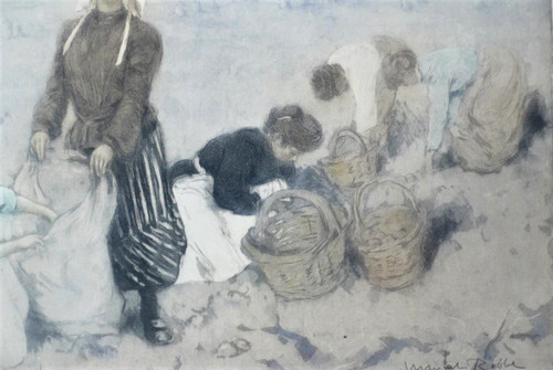 Manuel Robbe Potato Pickers Aquatint Color 20th C Old Print